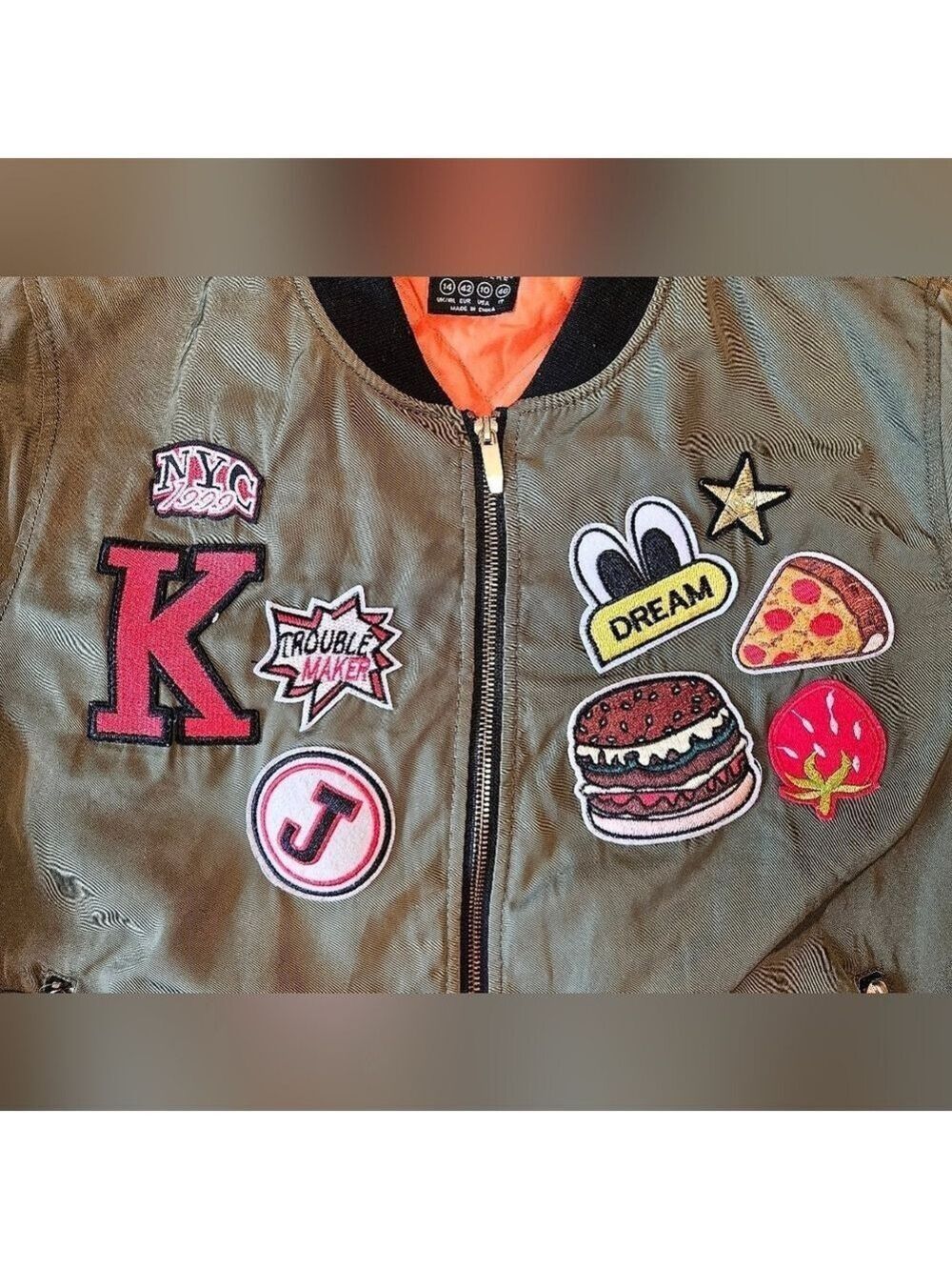 Atmosphere Green Bomber Jacket with Super Cool Unique Patches, Zippers, Size 10 - Picture 6 of 12